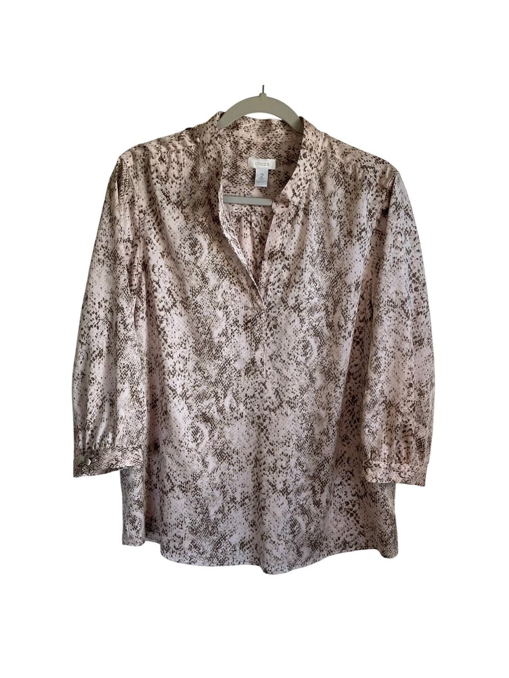 Chico’s Blouse Top Sz L Split Neck 3/4 Sleeves Snakeskin Print Pink Brown Career